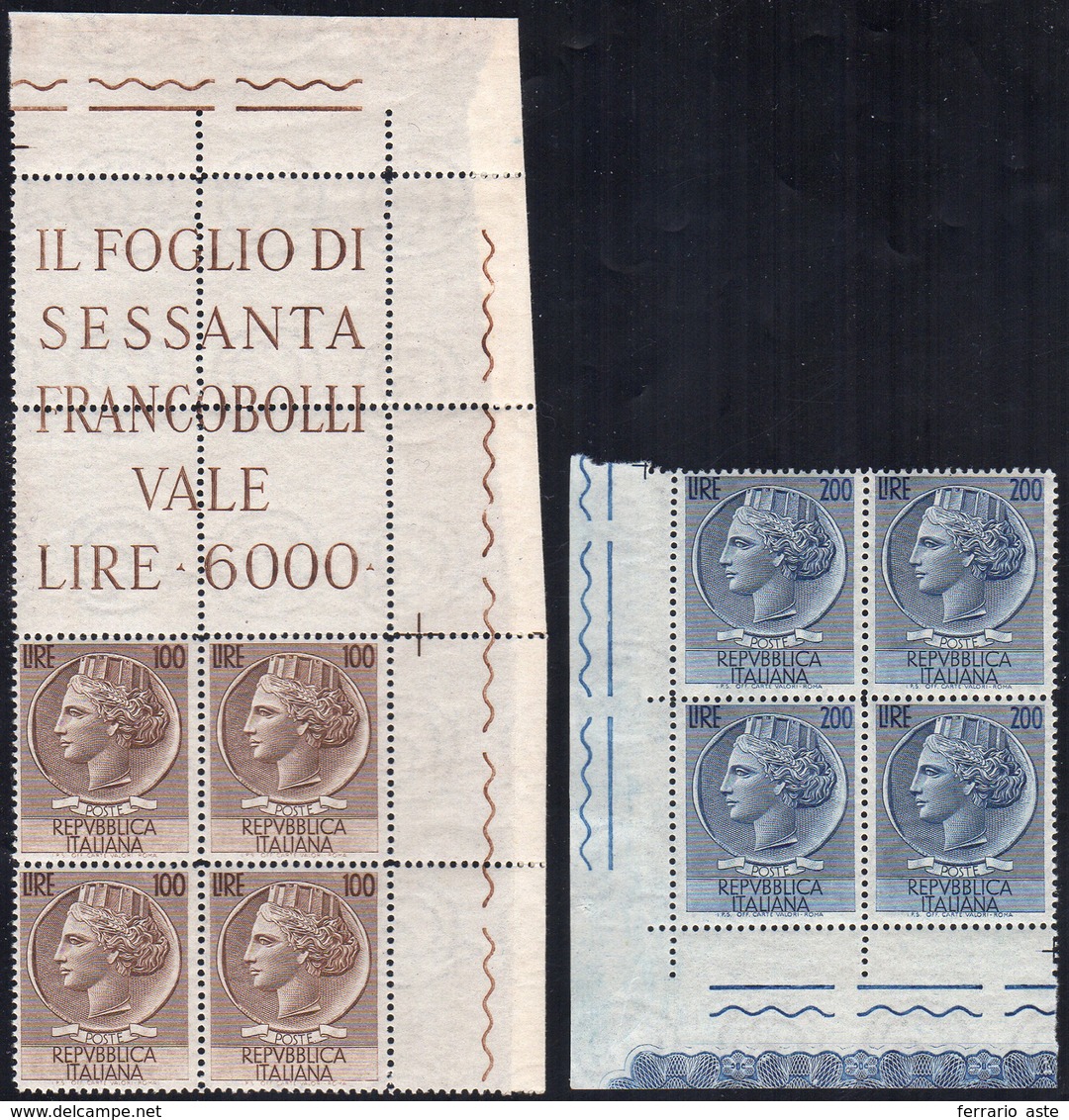 1954 - 100 E 200 Lire Turrita, Filigrana Ruota (747/748), Blocchi Di Quattro, Ottima Centratura, Gom... - Sonstige & Ohne Zuordnung