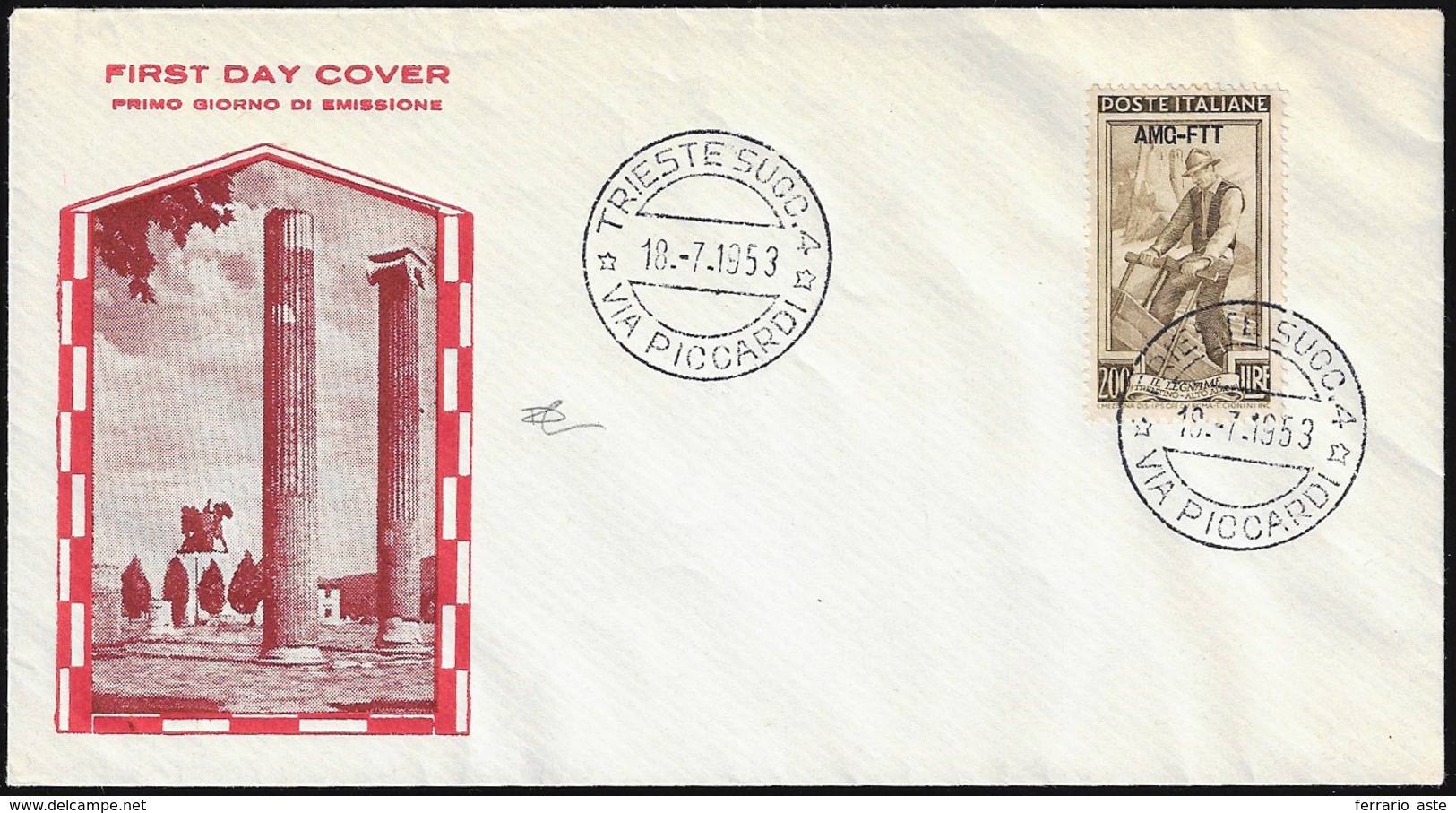 1953 - 200 Lire Italia Al Lavoro, Dent. 14 X 14 (107), Perfetto, Su Busta FDC Non Viaggiata Annullat... - Other & Unclassified