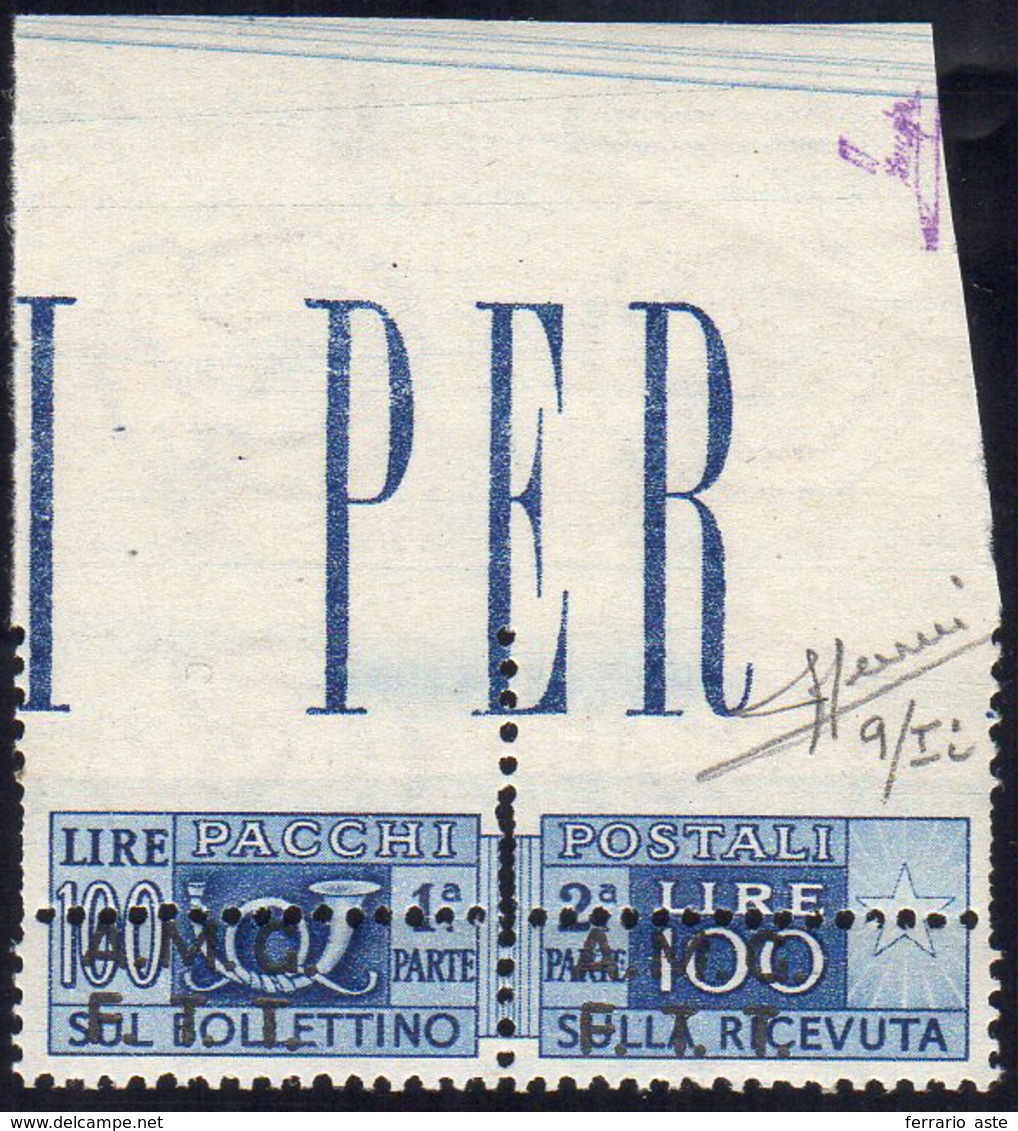 PACCHI POSTALI 1947 - 100 Lire Soprastampato Su Due Righe, Dent. 13 1/4, Dentellatura Superiore Fort... - Altri & Non Classificati