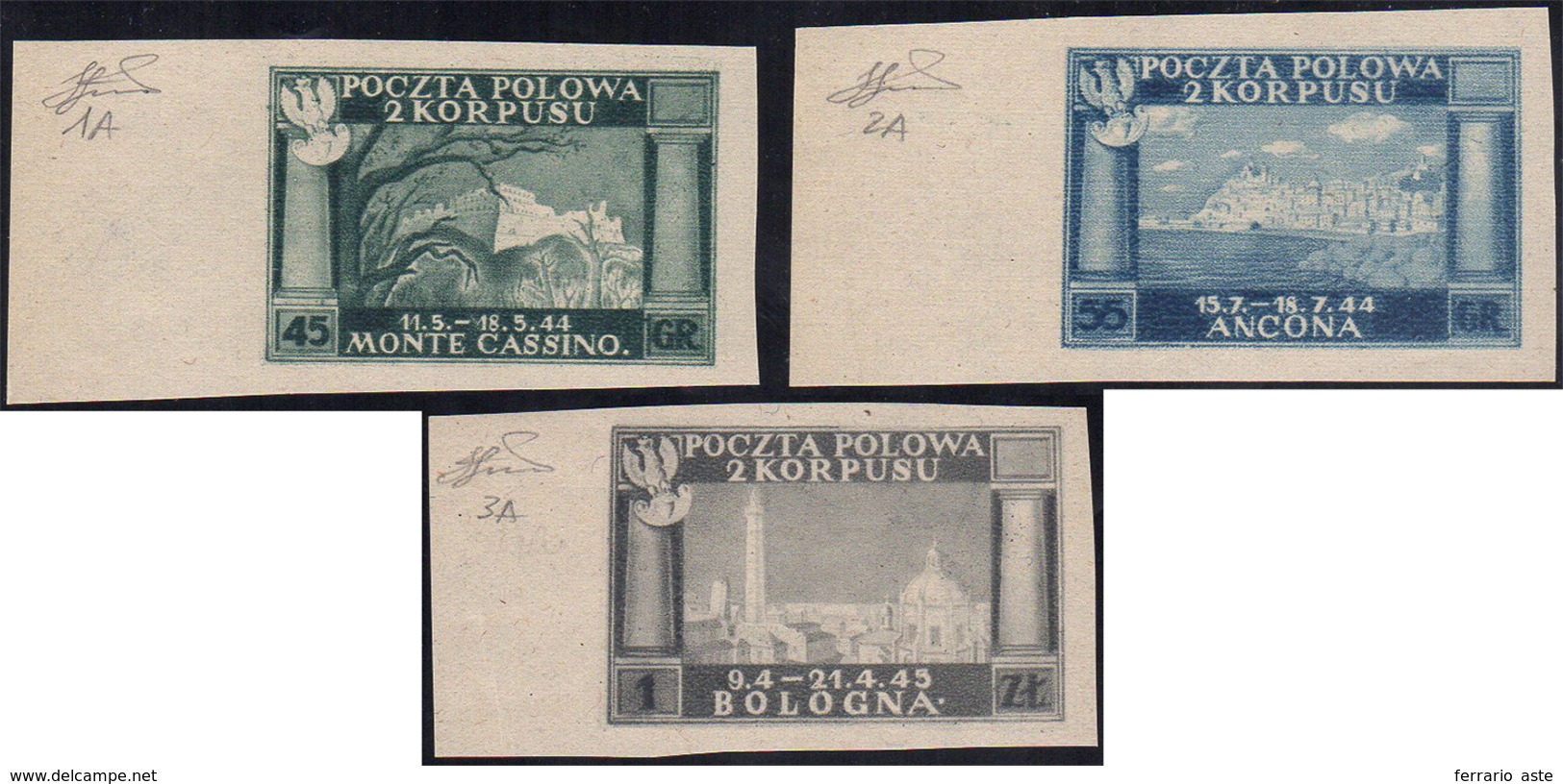 1946 - Vittorie Polacche, Carta Grigiastra, Non Dentellati (1A/3A), Bordo Di Foglio, Gomma Integra, ... - 1946-47 Zeitraum Corpo Polacco