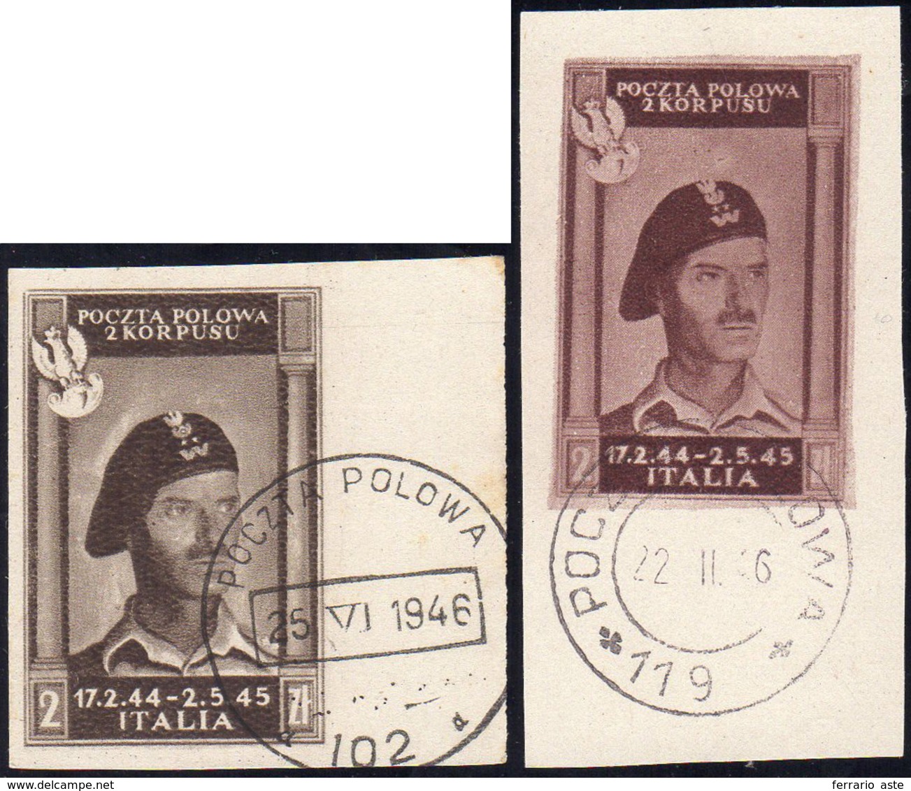 1946 - 2 Z. Bruno Nero, 2 Z. Bruno Lillaceo Vittorie Polacche, Non Dentellati (16A,17A), Bordo Di Fo... - 1946-47 Zeitraum Corpo Polacco