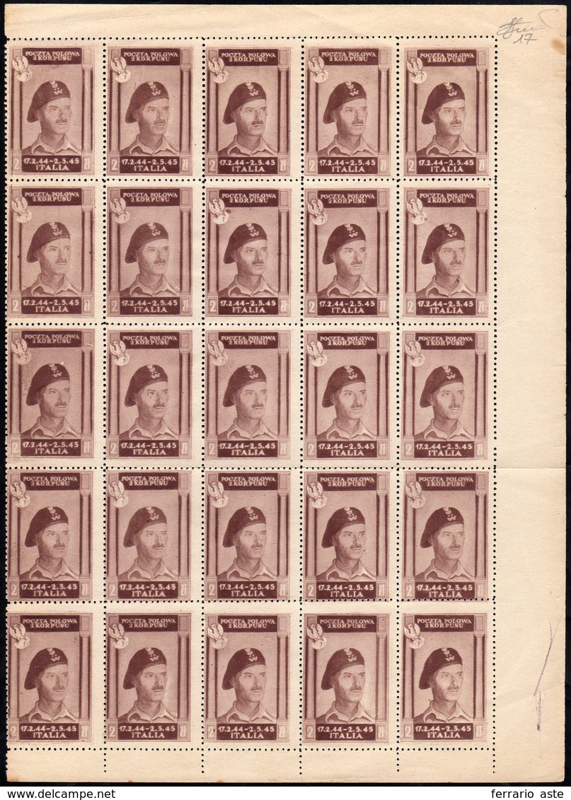 1946 - 2 Z. Bruno Lillaceo Vittoria Polacche, Carta Bianca, Colore Cambiato (17), Blocco Di 25 Esemp... - 1946-47 Zeitraum Corpo Polacco