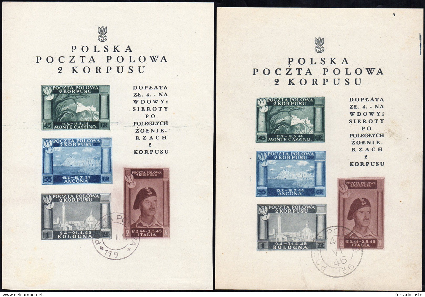 FOGLIETTI 1946 - Vittorie Polacche, Due Foglietti Su Carta Bianca, Uno Con Punto Di Colore Tra La "P... - 1946-47 Corpo Polacco Period