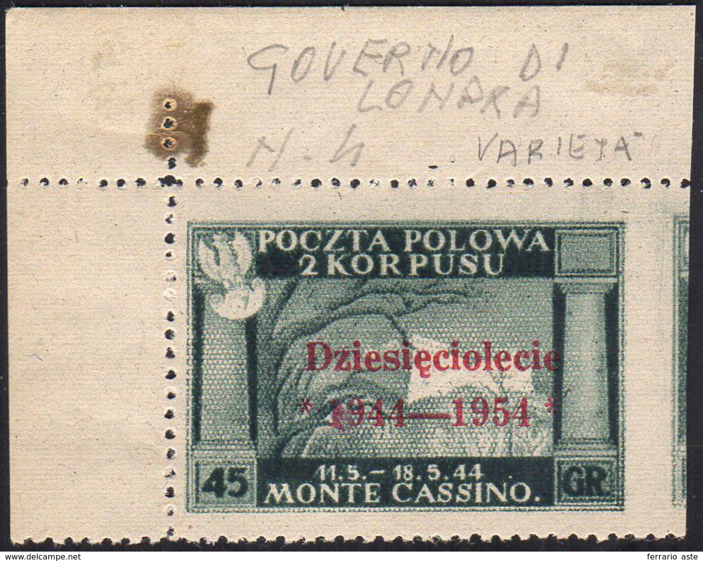 1954 - 45 G. Soprastampa Carminio, Non Dentellato A Destra (4), Angolo Di Foglio, Gomma Integra, Per... - Sonstige & Ohne Zuordnung