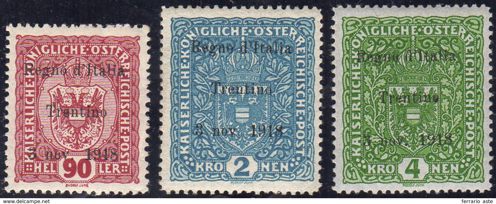 TRENTINO ALTO ADIGE 1918 - 90 H. Lilla Rosso, 2 K. Azzurro E 4 K. Verde Scuro, Soprastampati (14,16,... - Other & Unclassified