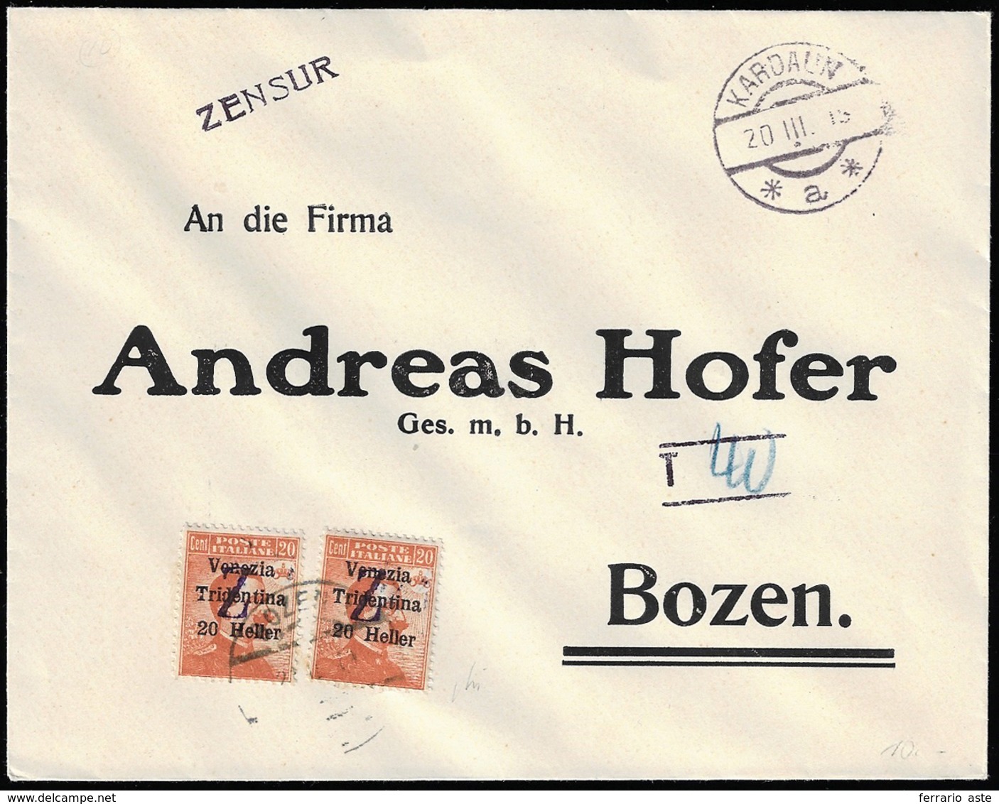 TRENTINO ALTO ADIGE/BOLZANO 3 1918 - 20 H. Su 20 Cent. Soprastampato "Z" (BZ3/97), Due Esemplari, Pe... - Andere & Zonder Classificatie