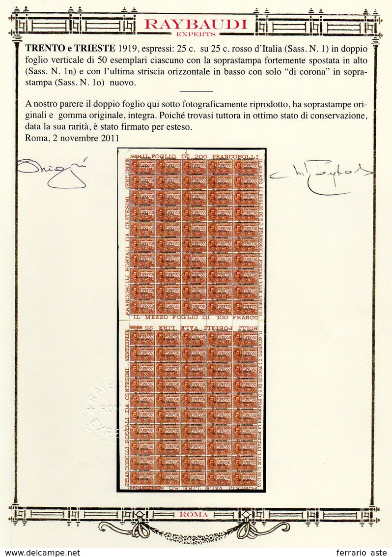 TRENTO E TRIESTE ESPRESSI 1919 - 25 Cent. Su 25 Cent., Doppio Foglio Verticale Di 100 Esemplari Unit... - Andere & Zonder Classificatie