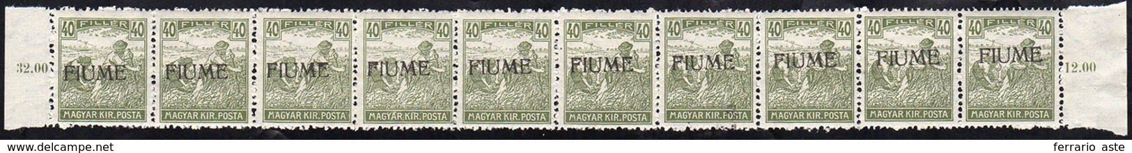 FIUME 1918 - 40 F., Soprastampa Obliqua (13ff), Striscia Orizzontale Di 10 Esemplari, Gomma Integra,... - Andere & Zonder Classificatie