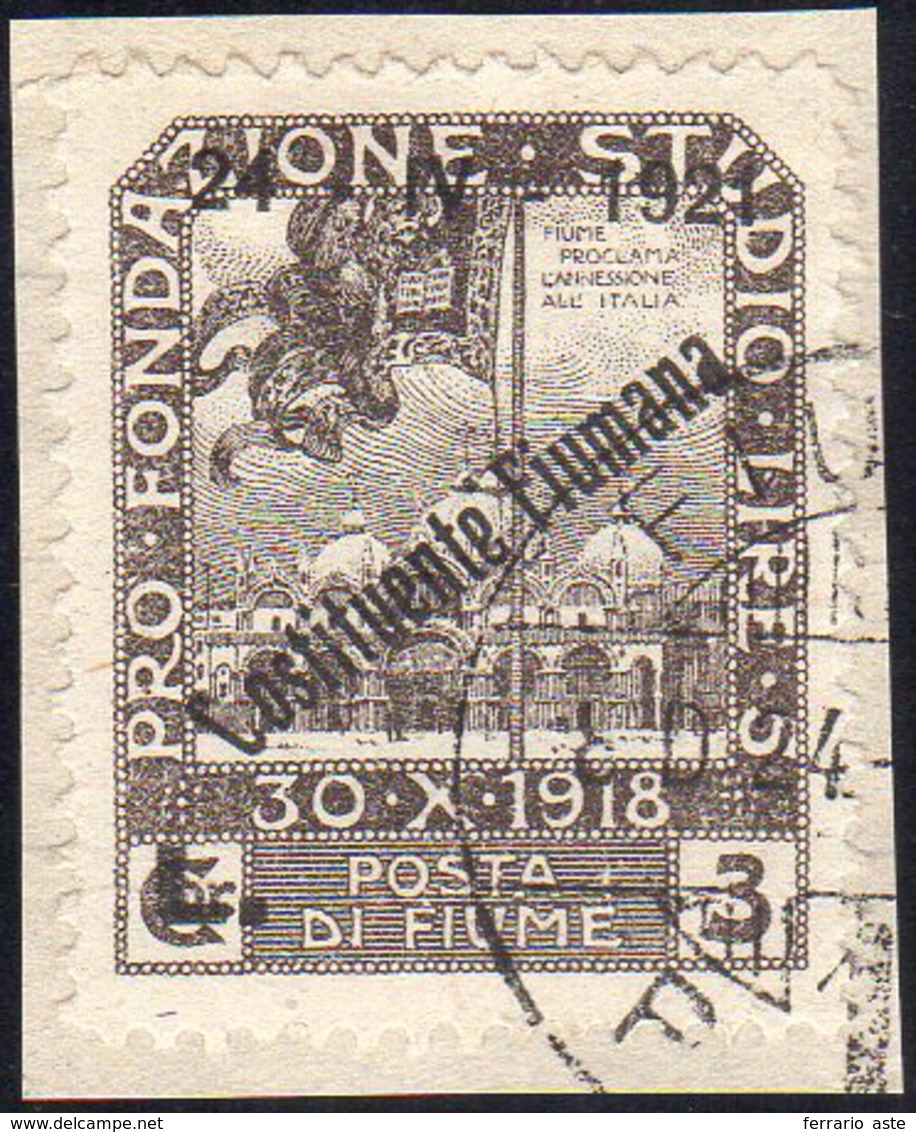 FIUME 1921 - 3 Lire Costituente Fiumana (173) "C" Inclinata In Modo Anomalo, Usato Su Piccolo Framme... - Sonstige & Ohne Zuordnung