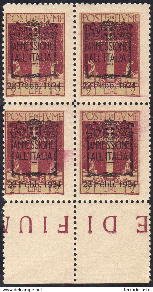 FIUME 1924 - 2 Lire Bruno Carminio Annessione (223a), Blocco Di Quattro, Bordo Di Foglio, Gomma Inte... - Sonstige & Ohne Zuordnung