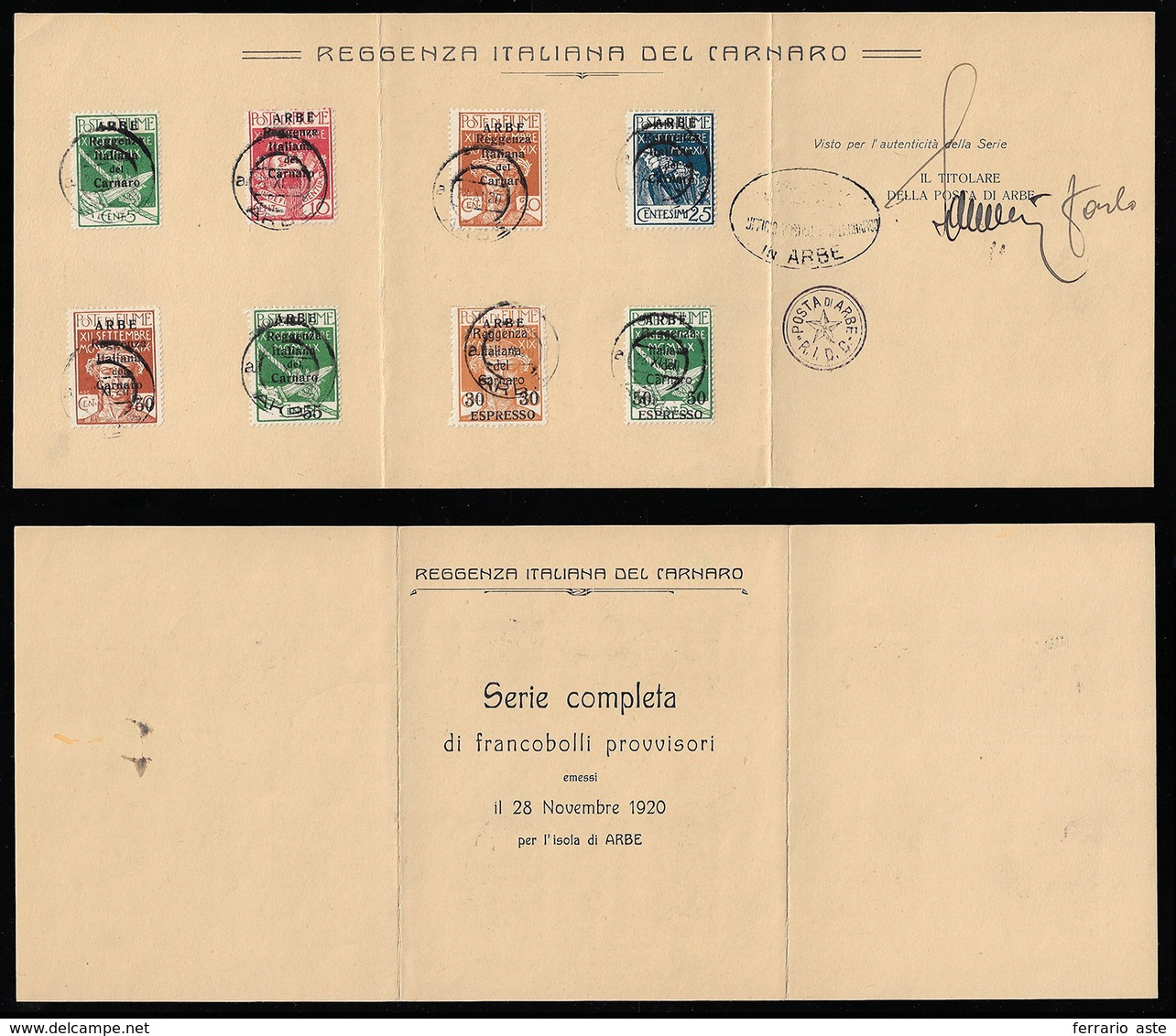 ARBE 1920 - Seconda Emissione Ed Espressi (5/10,E1/2), Perfetti, Usati Su Cartoncino Commemorativo A... - Altri & Non Classificati