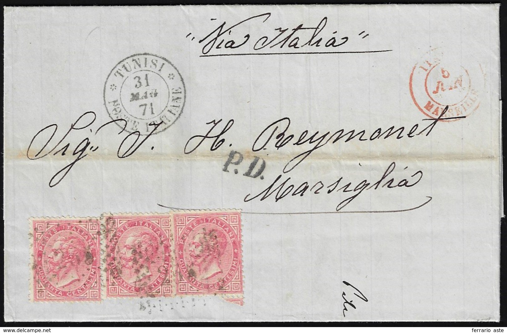 TUNISI 1871 - 40 Cent. De La Rue (T20), Tre Esemplari, Perfetti, Su Lettera Da Tunisi 31/5/1871 A Ma... - General Issues