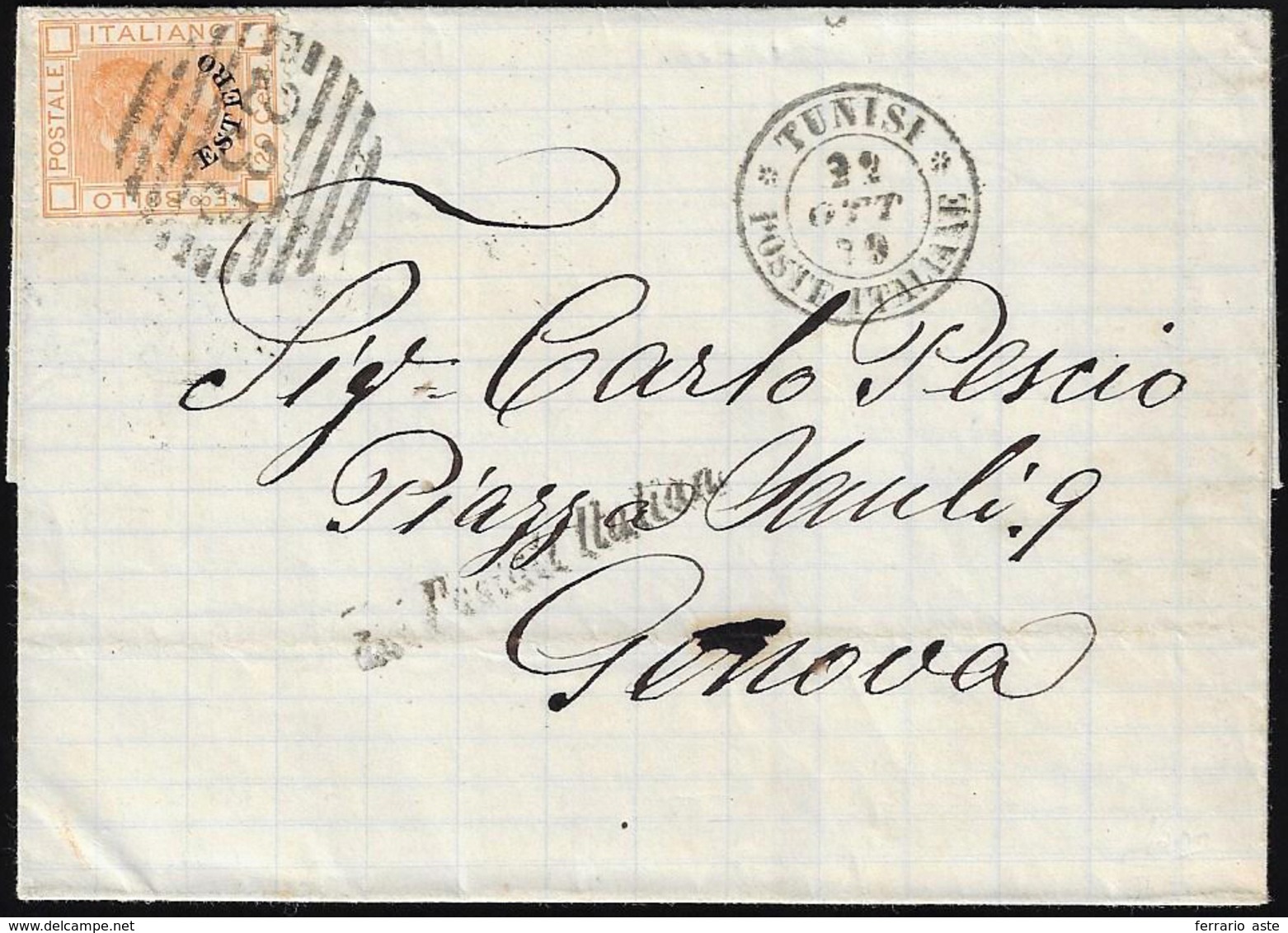 TUNISI 1879 - 20 Cent. Soprastampato (11), Perfetto, Su Sovracoperta Di Lettera Da Tunisi 22/10/1879... - Emissioni Generali