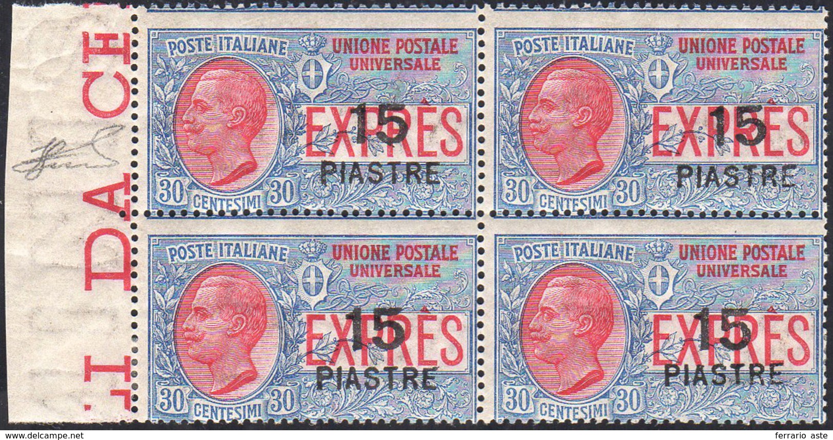 COSTANTINOPOLI ESPRESSI 1922 - 15 Pi. Su 30 Cent. Soprastampa Più Grande (2), Blocco Di Quattro, Gom... - Amtliche Ausgaben