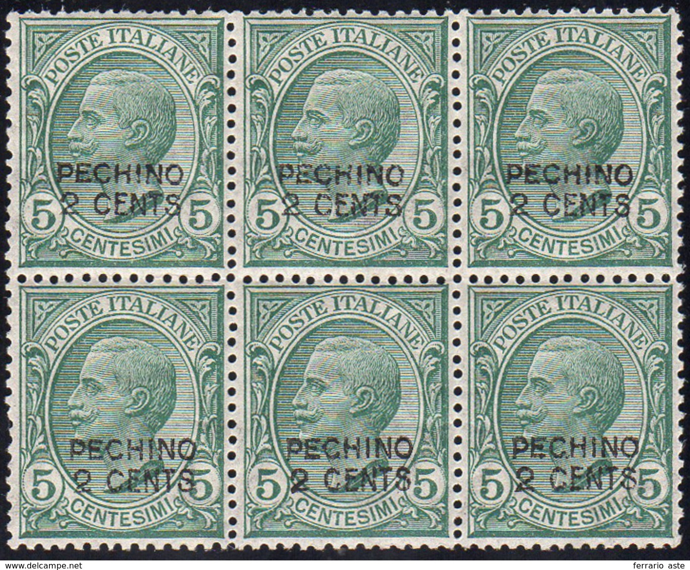 PECHINO 1917 - 2 Cent. Su 5 Cent. (1), Ottima Centratura, Blocco Di Sei, Gomma Integra, Perfetto. Mo... - Pechino