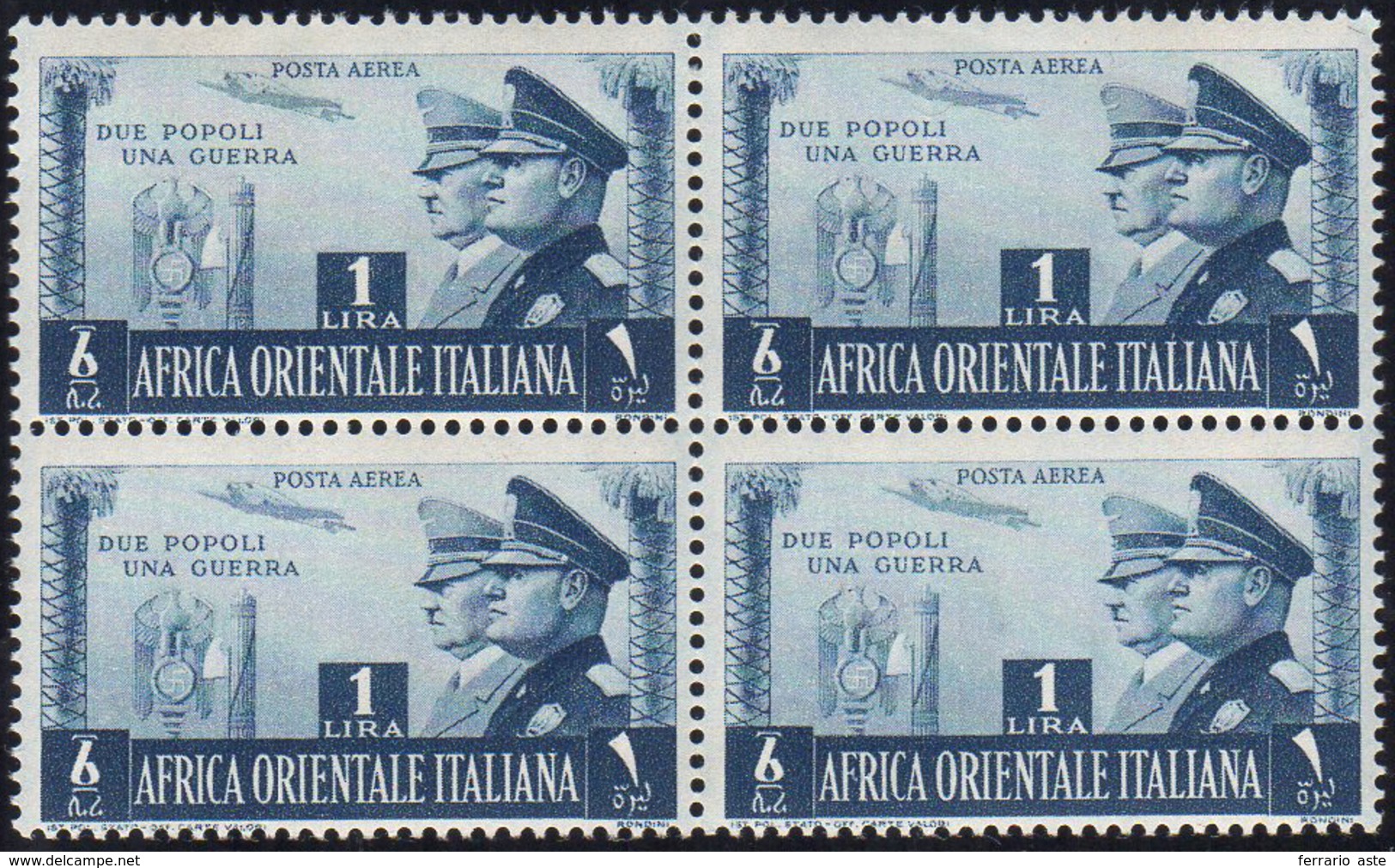 POSTA AEREA 1941 - 1 Lira Fratellanza D'armi, Non Emesso (20), Blocco Di Quattro, Gomma Integra, Per... - Africa Orientale Italiana