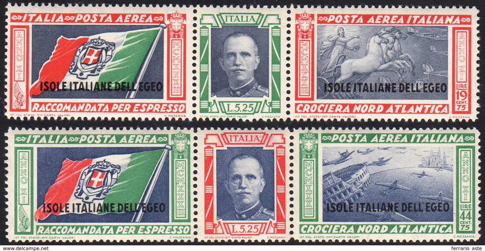 POSTA AEREA 1933 - Trittici Crociera Balbo (A28/A29), Gomma Originale Integra, Perfetti. Cert. G.Bol... - Ägäis