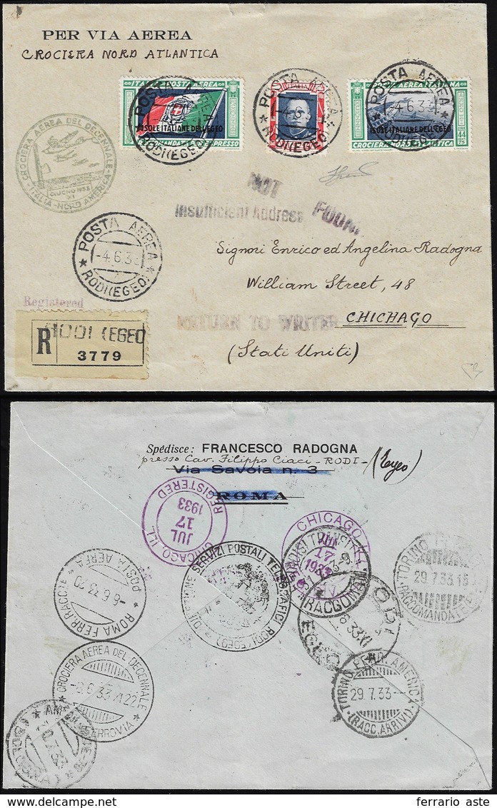 POSTA AEREA 1933 - 5,25 + 44,75 Lire Trittico Crociera Nord Atlantica (29), Applicato Con Sezioni Se... - Egée