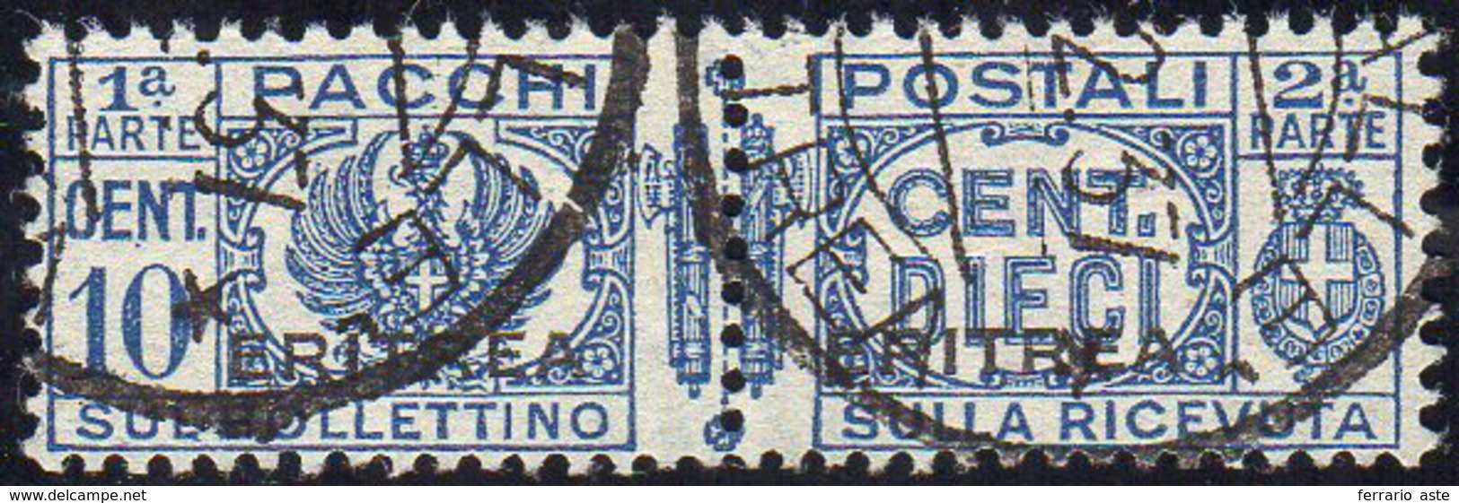 PACCHI POSTALI 1927 - 10  Cent. Fasci Al Centro Soprastampato (22), Usato, Perfetto. Cert. Raybaudi.... - Eritrea