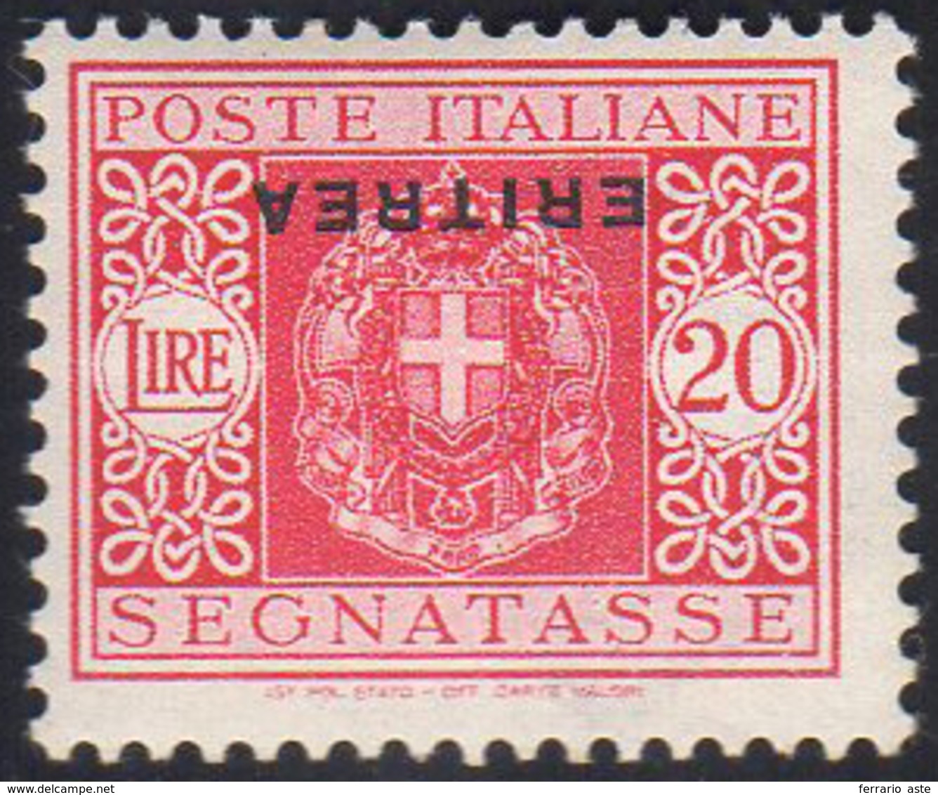 SEGNATASSE 1934 - 20 Lire Soprastampa Capovolta (38a), Gomma Integra, Perfetto. A.Diena, G.Bolaffi.... - Eritrea