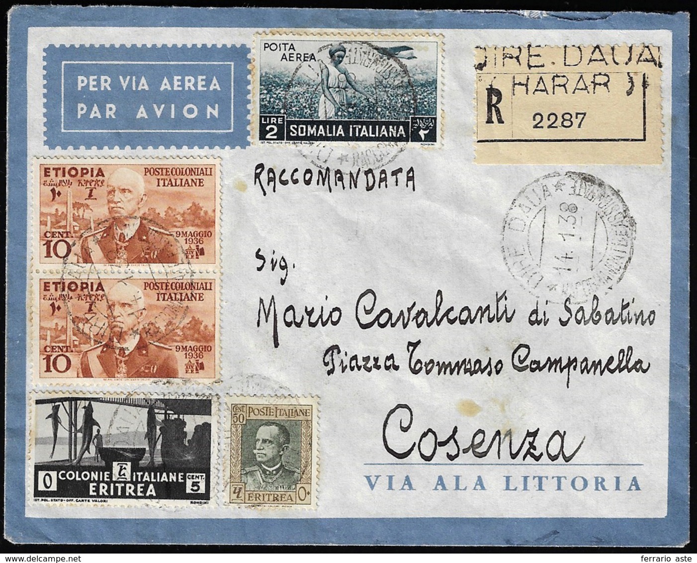 1938 - 10 Cent. Vittorio Emanuele III Coppia (1), 2 Lire Posta Aerea (Somalia A23), 5 Cent. E 50 Cen... - Aethiopien