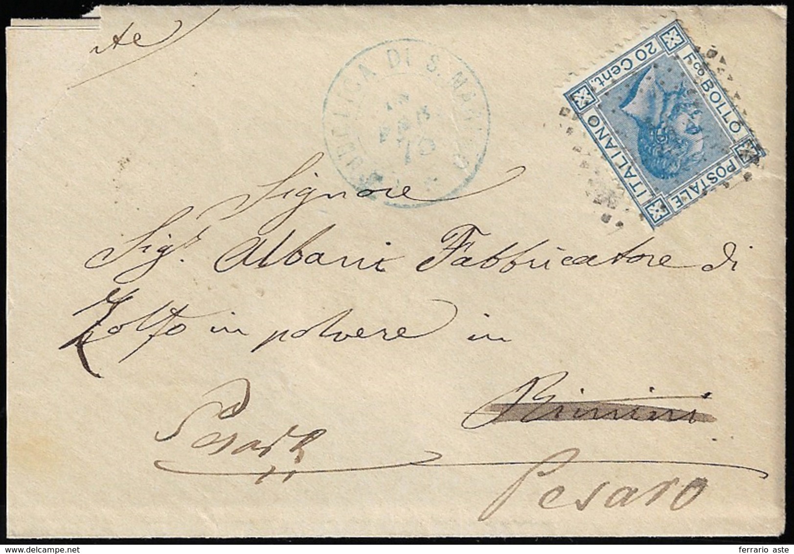 1873 - 20 Cent. Azzurro (T26), Perfetto, Su Busta Da San Marino 15/2/1875, Doppio Cerchio Azzurro E ... - Other & Unclassified