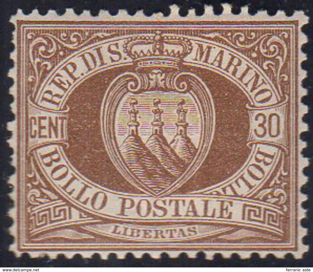 1877 - 30 Cent. Bruno Stemma (6), Gomma Originale, Perfetto, Ottima Centratura. Raro Così Ben Centra... - Sonstige & Ohne Zuordnung