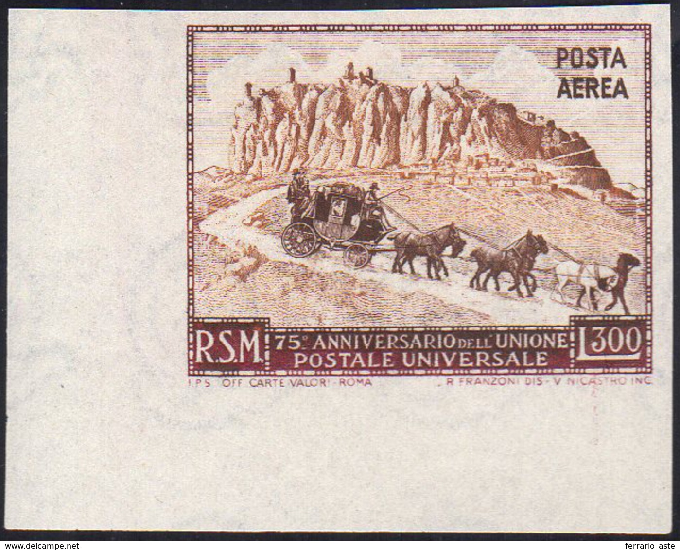 1951 - 300 Lire UPU, Non Dentellato (95a), Angolo Di Foglio, Gomma Integra, Perfetto.... - Airmail