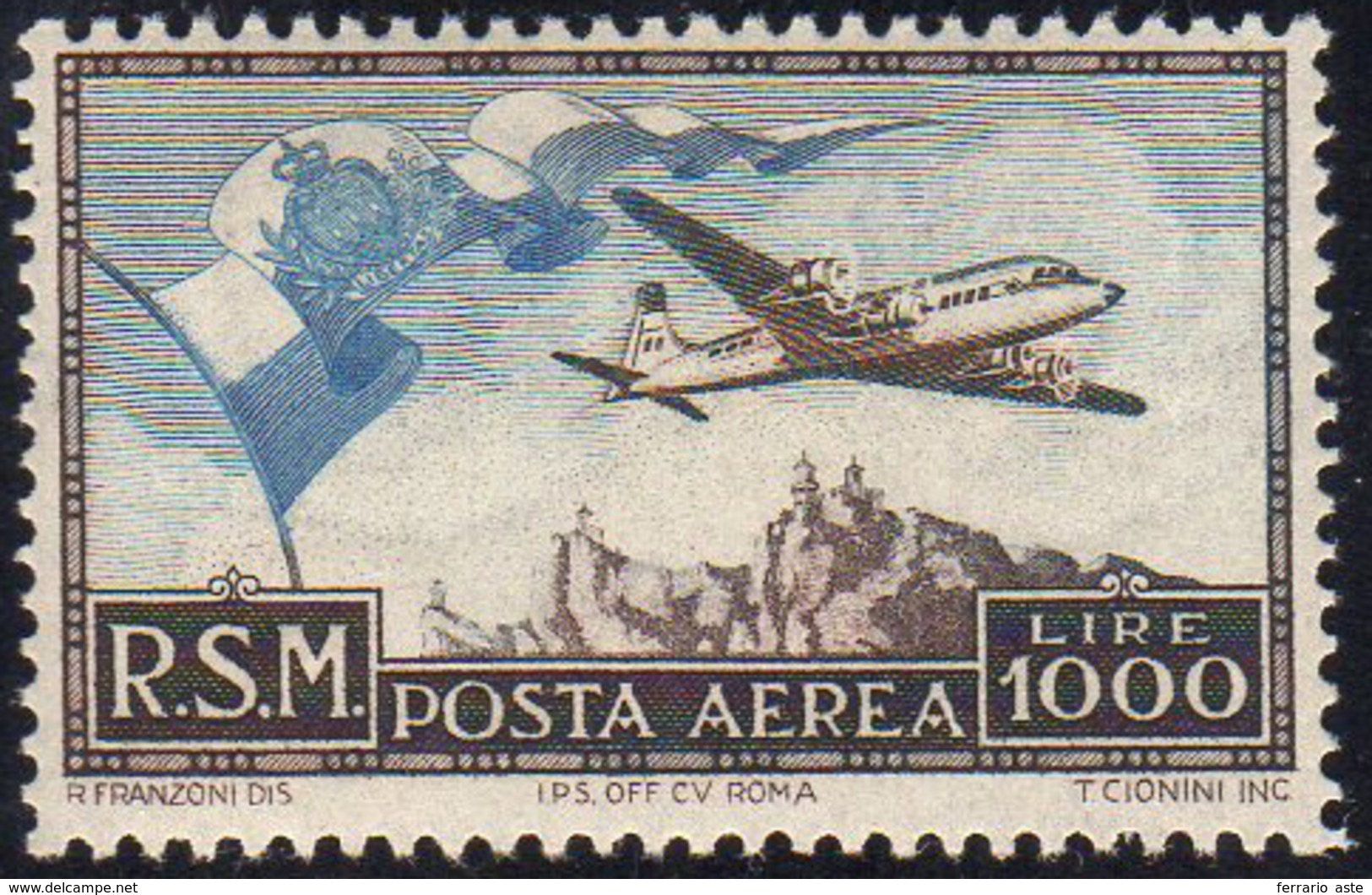 1951 - 1.000 Lire Bandierone (99), Gomma Integra, Perfetto. Cert. Ferrario.... - Luchtpost