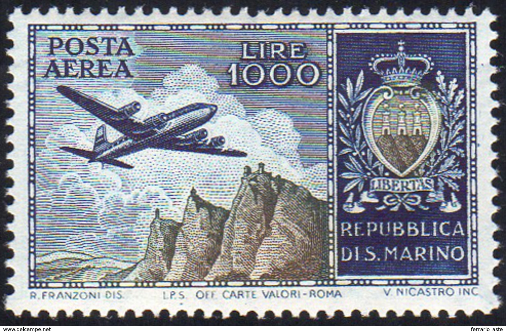 1954 - 1.000 Lire Aereo (112), Gomma Integra, Perfetto. Ferrario.... - Luftpost