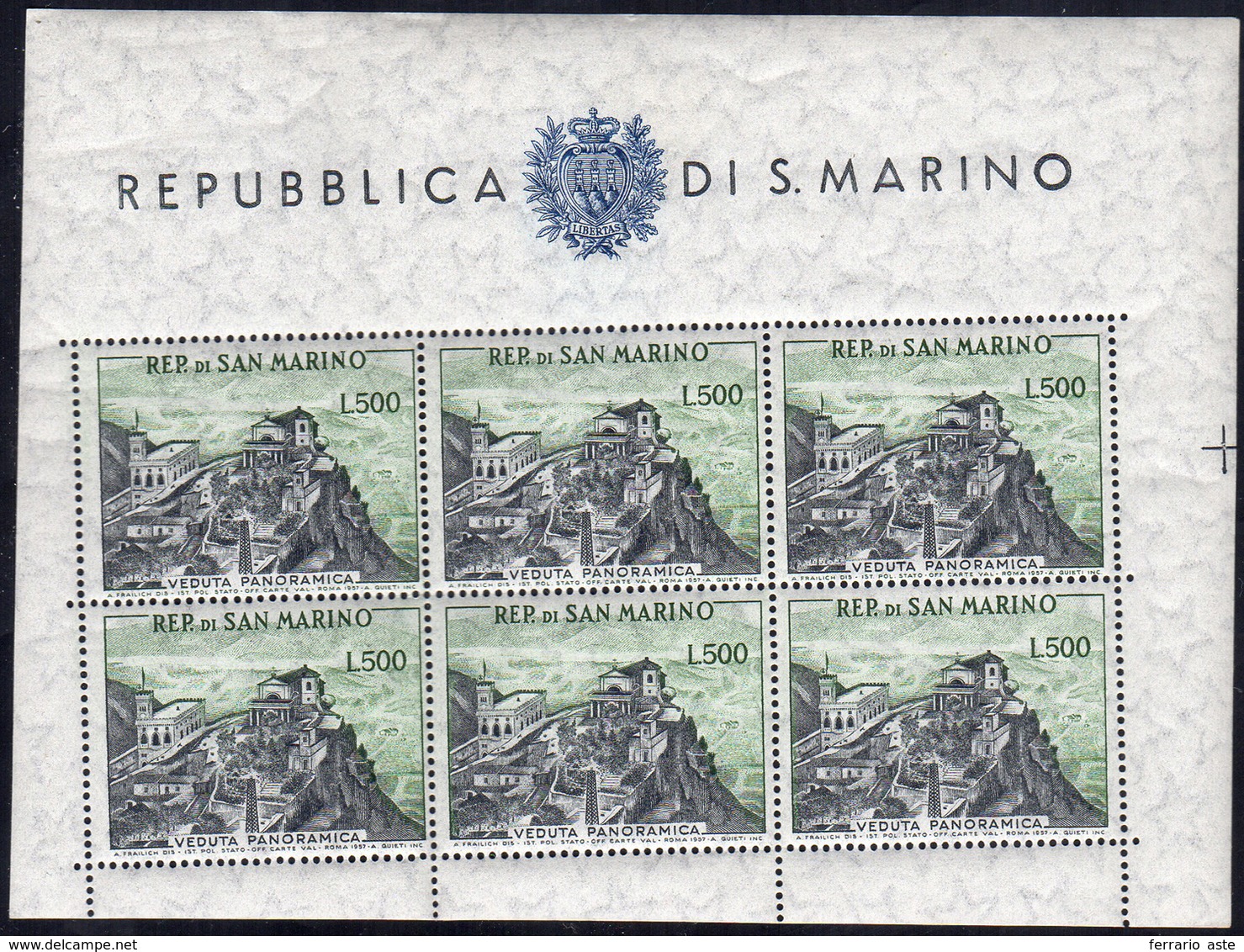 1958 - 500 Lire Panorama, Foglietto, Taglio Verticale Fortemente Spostato A Sinistra (18b), Gomma In... - Blocks & Sheetlets