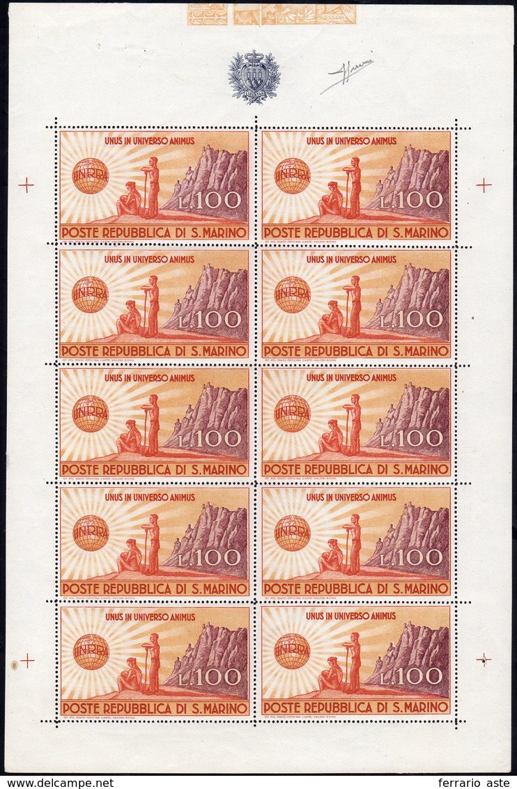 1946 - 1.000 Lire UNRRA, Minifoglio Di 10 Esemplari (6), Perfetto, Gomma Originale, Integra. Present... - Blocks & Kleinbögen