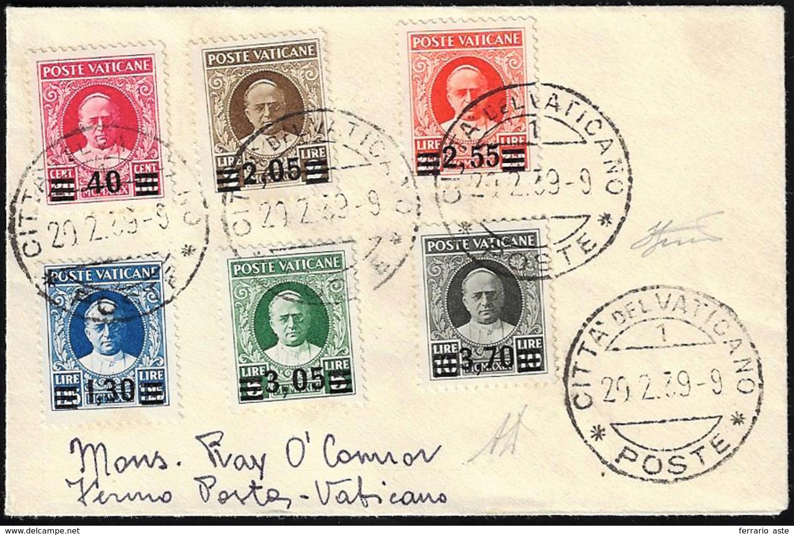 1939 -Provvisoria (35/40), Serie Completa, Perfetti, Su Busta Annullata Città Del Vaticano 29/2/1939... - Other & Unclassified