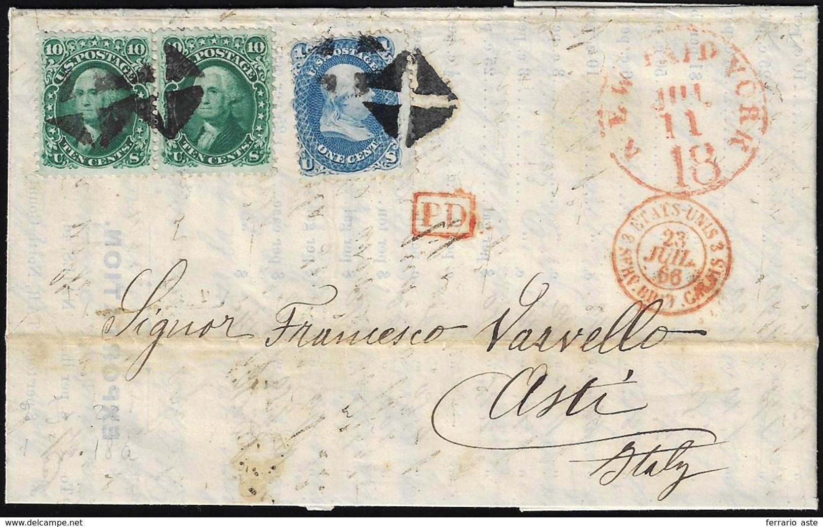 STATI UNITI 1866 - 1 Cent. Franklin, 10 Cent. Washington, Coppia (21,24), Perfetti, Su Lettera Da Ne... - Other & Unclassified