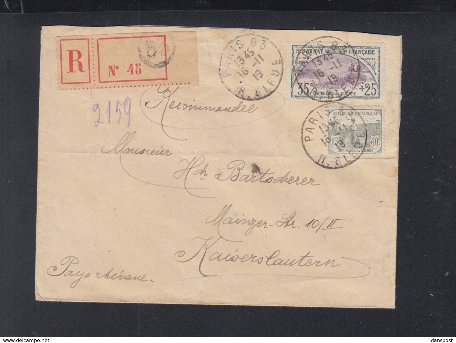 France Lettre 1919 Paris Pour L'Allemagne - Briefe U. Dokumente