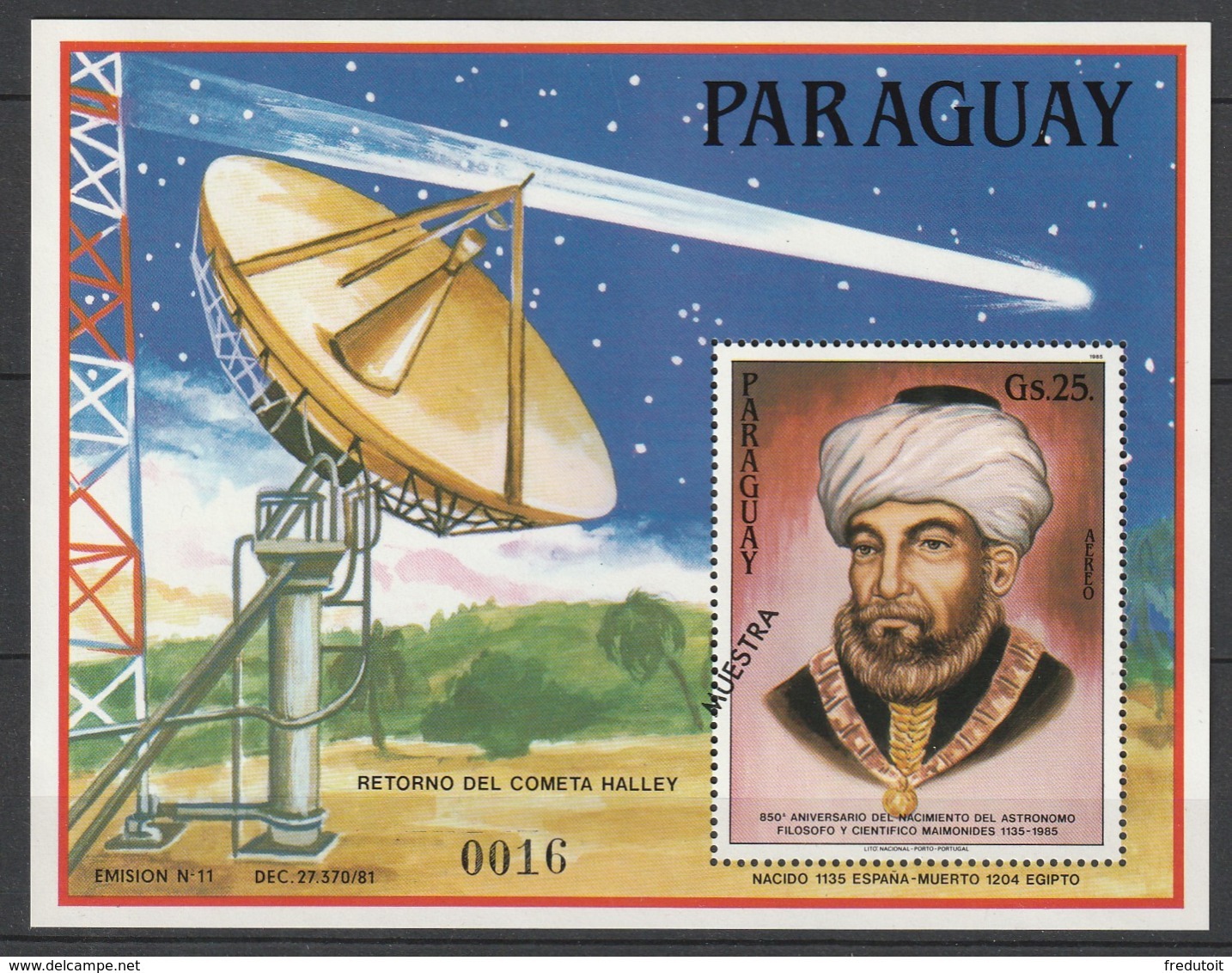 PARAGUAY - Bloc N°424 ** (1985) ESPACE / Comète De Halley / Astronome Maimonides - MUESTRA - Südamerika