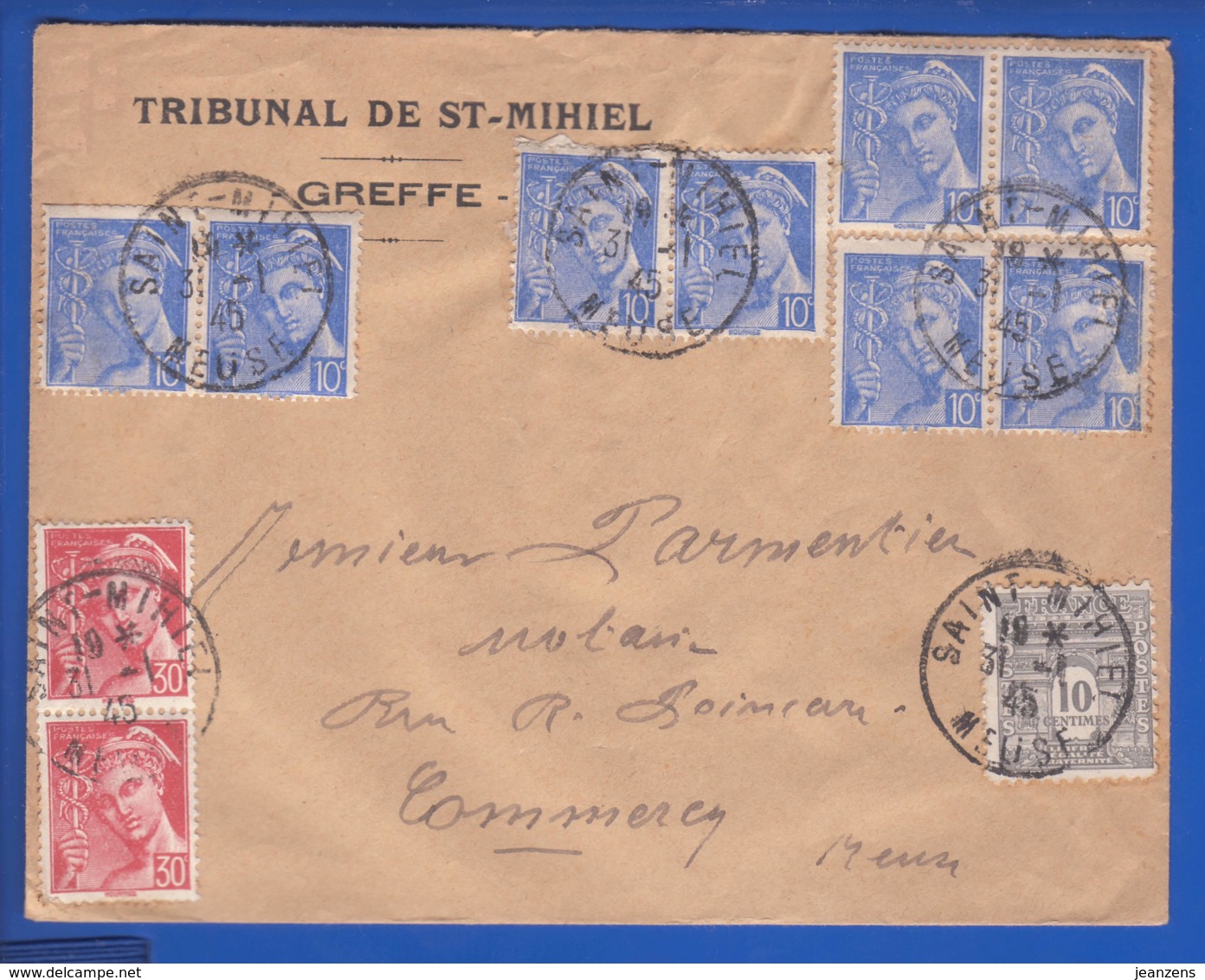 Lettre " Tribunal De St Mihiel" Aff. Mercure/Arc De Triomple Obl. St Mihiel 31.01.1945 -> Commercy - Guerre De 1939-45