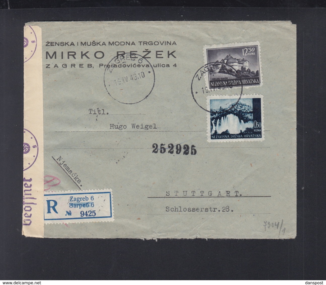 Croatia Registered Cover 1943 To Stuttgart Censor - Croazia