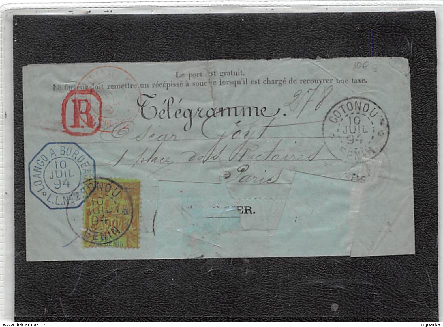 1894.- TELEGRAMME DE COTONOU A PARIS Nº 278. ENVOI REGISTRÉE. OBLIT R ROUGE. DATEUR Nº 1212 BLEU. OBLIT PARIS . - Telegramas Y Teléfonos