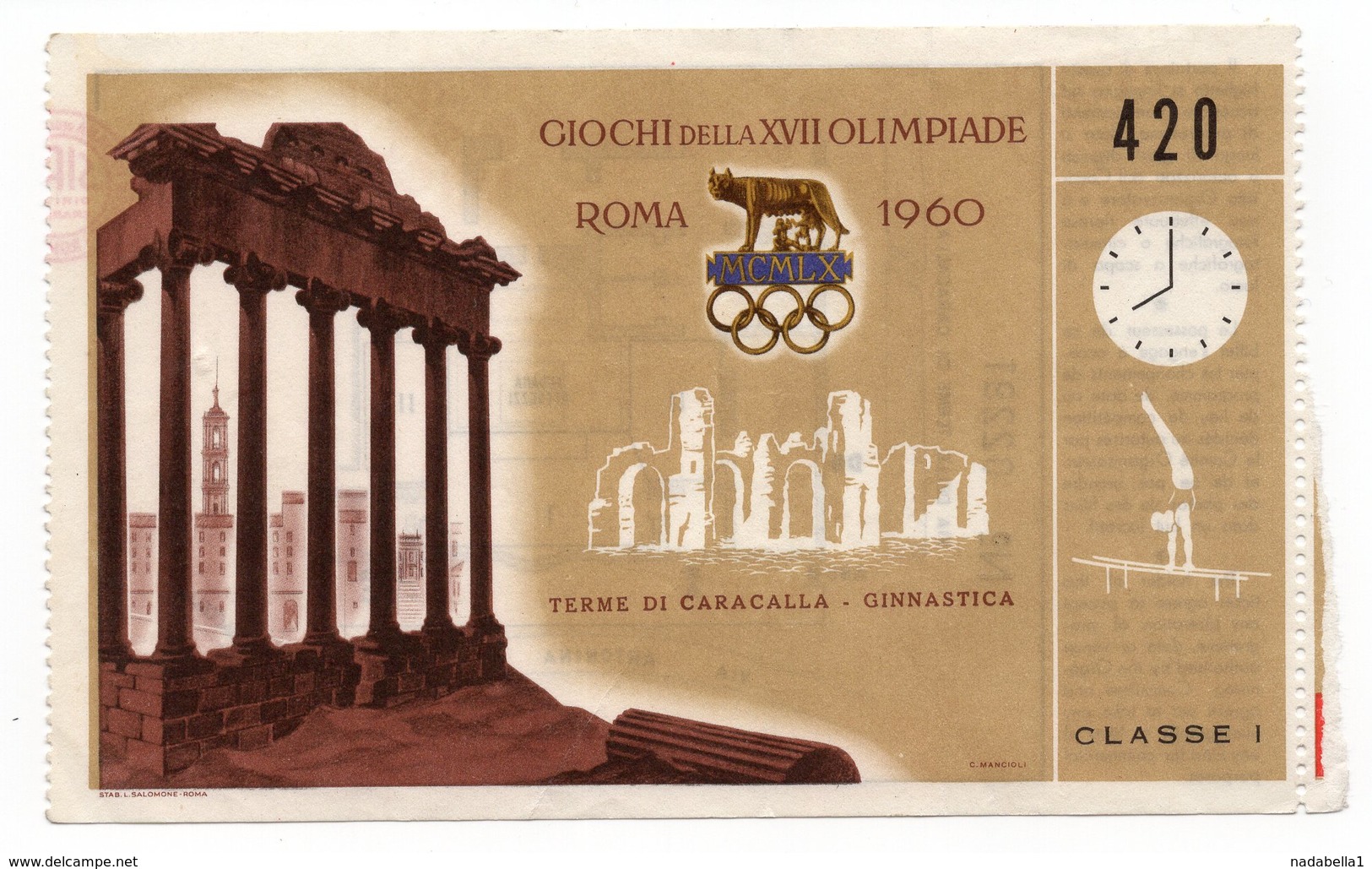 1960 SUMMER OLYMPIC GAMES, ROME, ITALY, TICKET FOR GYMNASTICS, USED - Tickets - Vouchers