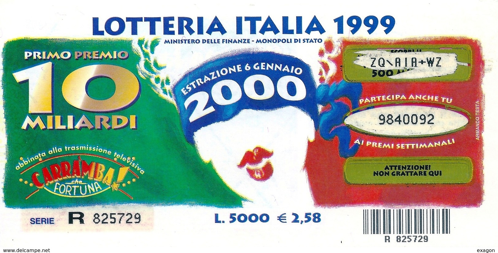 Biglietto LOTTERIA   ITALIA    -  Anno 1999 - Estrazione  6  Gennaio 2000. - Biglietti Della Lotteria