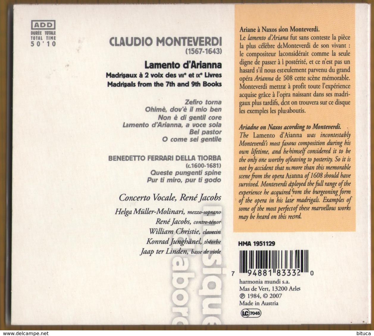 CD MONTEVERDI LAMENTO D'ARIANNA  BON ETAT & RARE - Classique