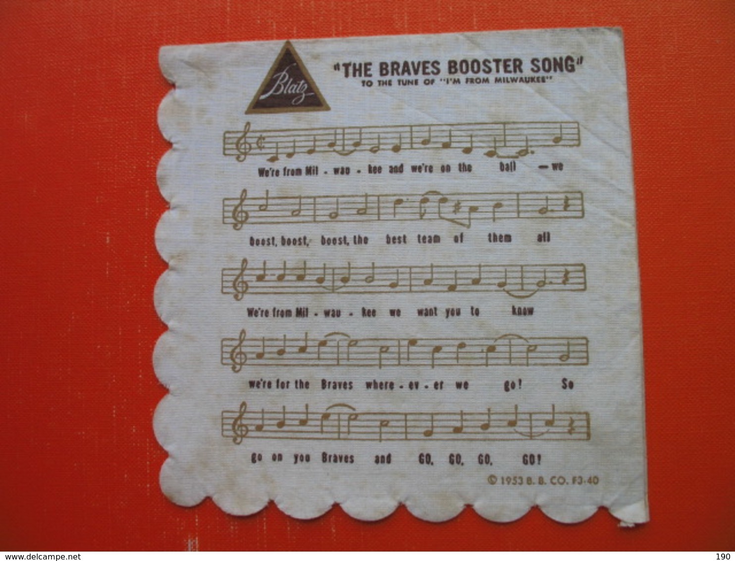 Paper Napkin.Baseball.Blatz Brewing Co.THE BRAVES BOOSTER SONG.Milwaukee - Servilletas Publicitarias