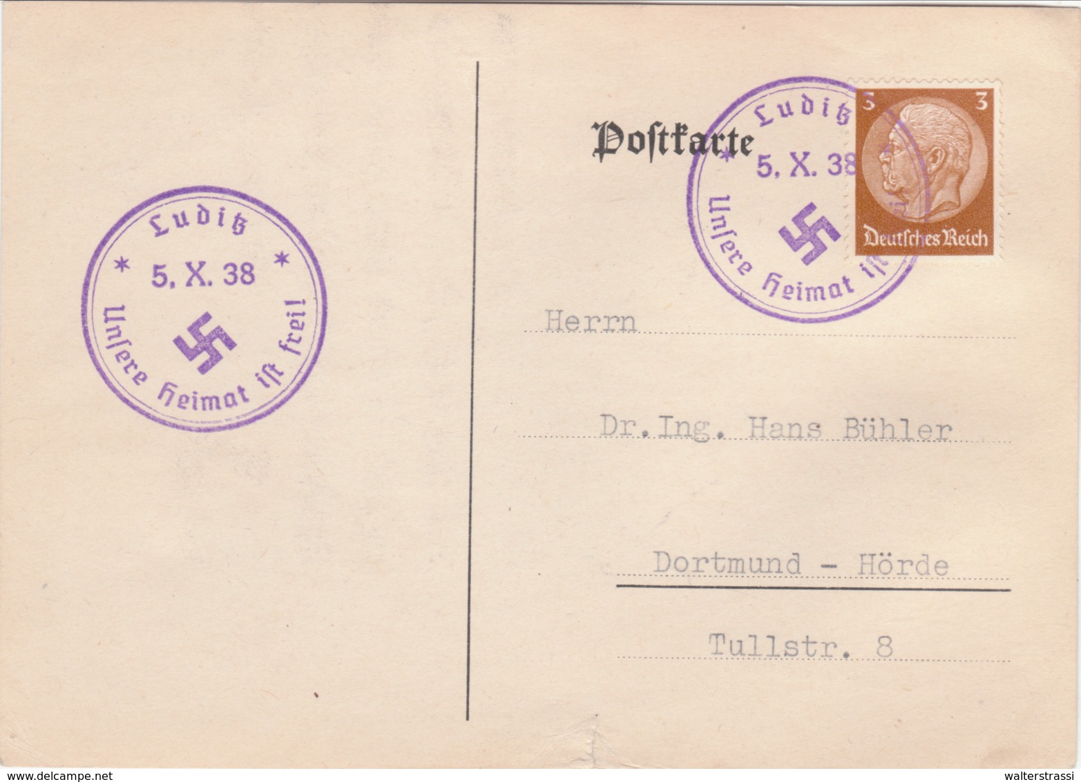 III. Reich, Postkarte  " LUDIZ, Undere Heimat Ist Frei !" Nach Dortmund - Hörde, - Briefe U. Dokumente