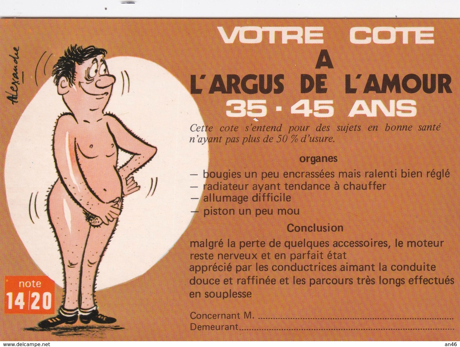 HUMOR UMORISTICHE CARICATURE UOMO VOTRE COTE A L'ARGUS DE L'AMOUR 35-45 ANS  ORIGINALE 100% - Humor