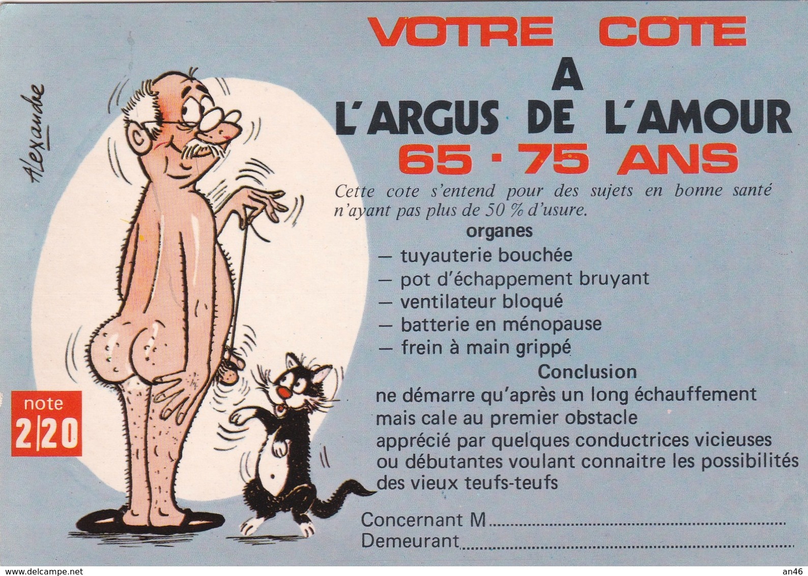 HUMOR UMORISTICHE CARICATURE UOMO VOTRE COTE A L'ARGUS DE L'AMOUR 65-75 ANS  ORIGINALE 100% - Humor