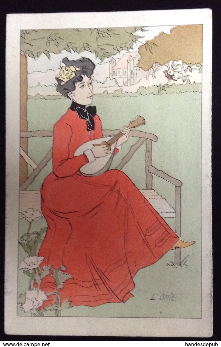 Très Jolie Carte Illustrateur Art Nouveau Lucien Robert Cinq Sens Ouie Femme Mandoline Guitare Musicienne - Robert