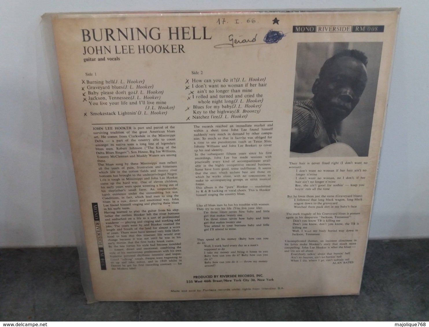 John Lee Hooker Burning Hell -guitar And Vocals - Riverside Mono RM 008 - 1966 - - Blues