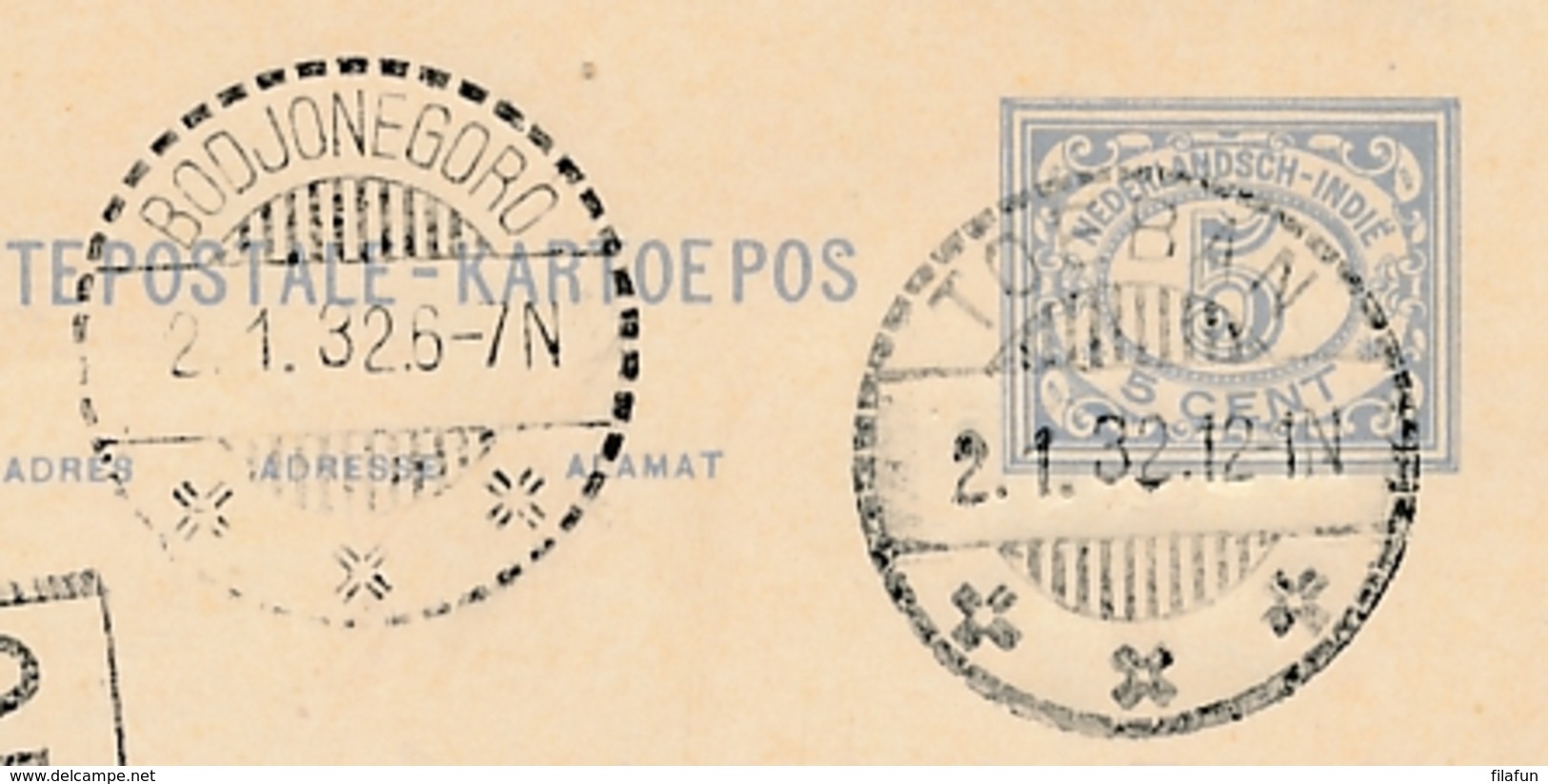 Nederlands Indië - 1932 - 5 Cent Cijfer, Briefkaart G48 Van LB TOEBAN Naar Bodjonegoro - Nederlands-Indië
