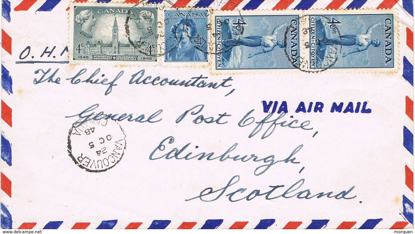 32639. Carta Aerea VANCOUVER (Canada) 1948. Service O.H.M.S. General Post Office - Cartas & Documentos